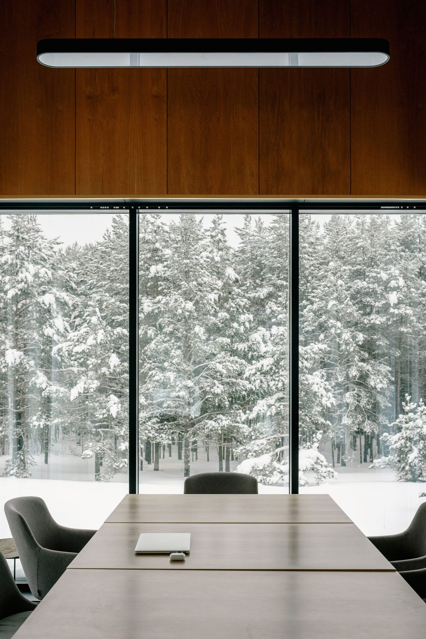A calm meeting room with a wood-panelled wall and full-height windows opening to a snowy forest.