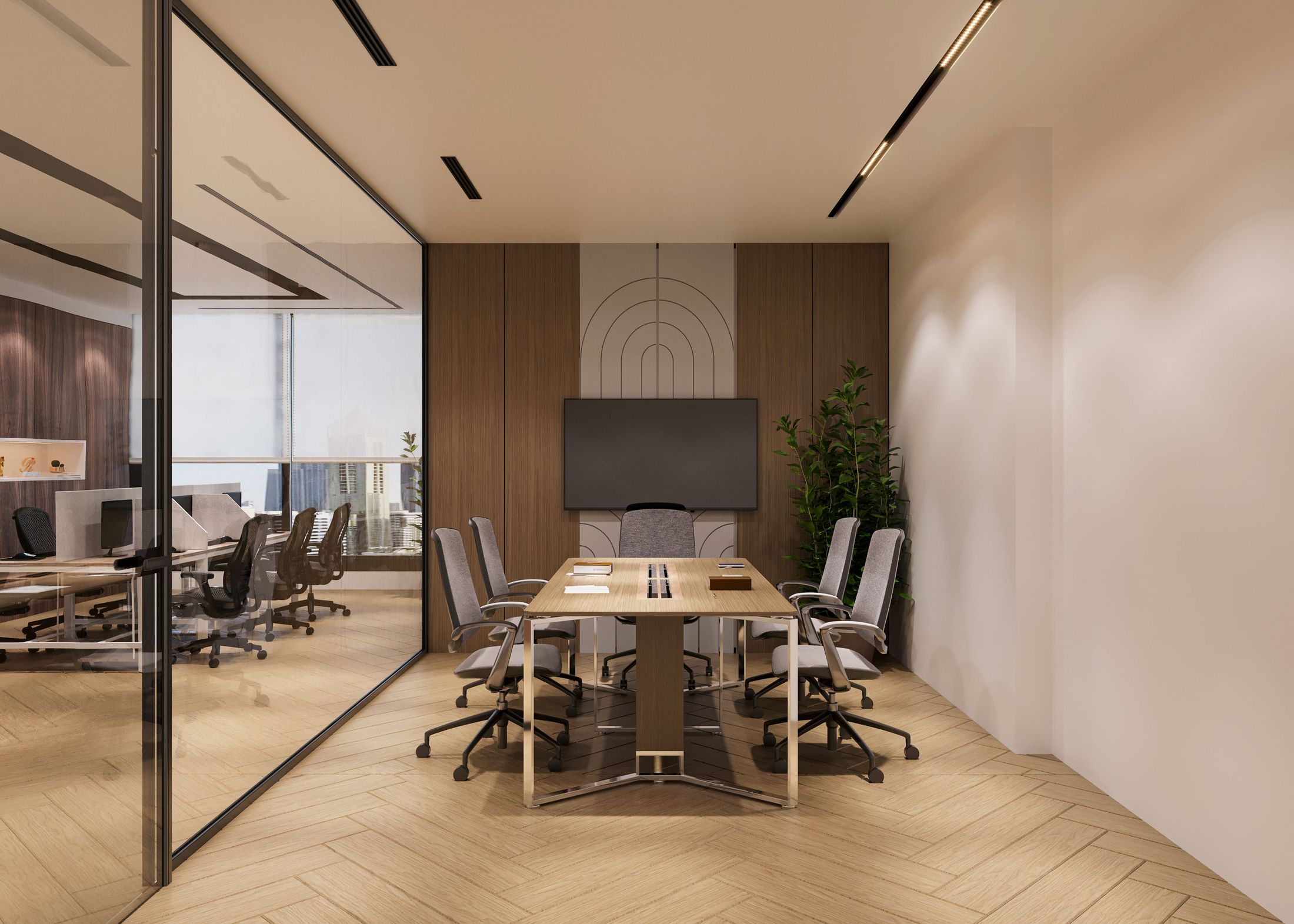 A quiet, empty meeting room with a wood-panelled feature wall and a glass partition opening onto a modern office.